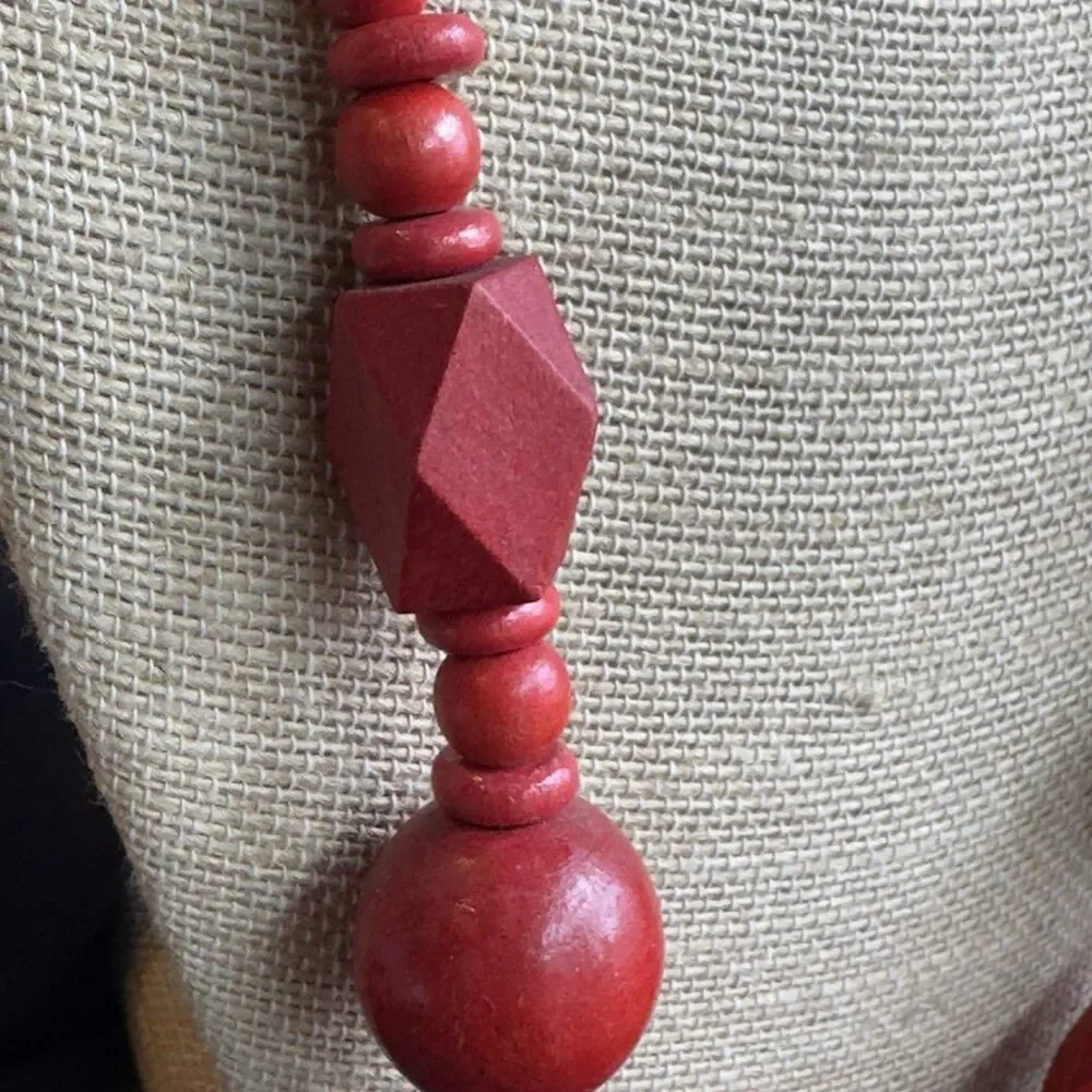 Necklace w Matching Earrings Fashion Set Statement Chunky Red Light Wooden Bead